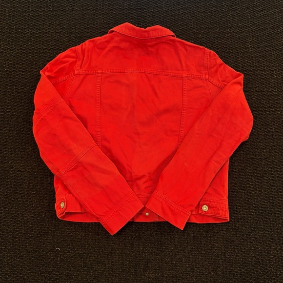 Free People Red Denim Jacket Women Large Cropped Trucker Style Button Up - Picture 4 of 8